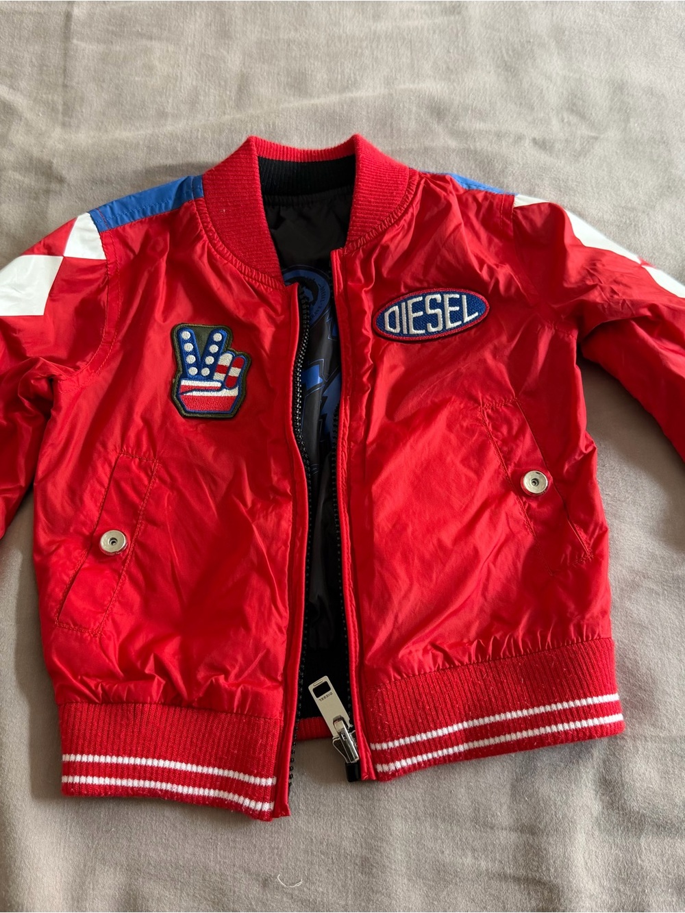 Diesel Kids Red Bomber Jacket with Blue & White Accents